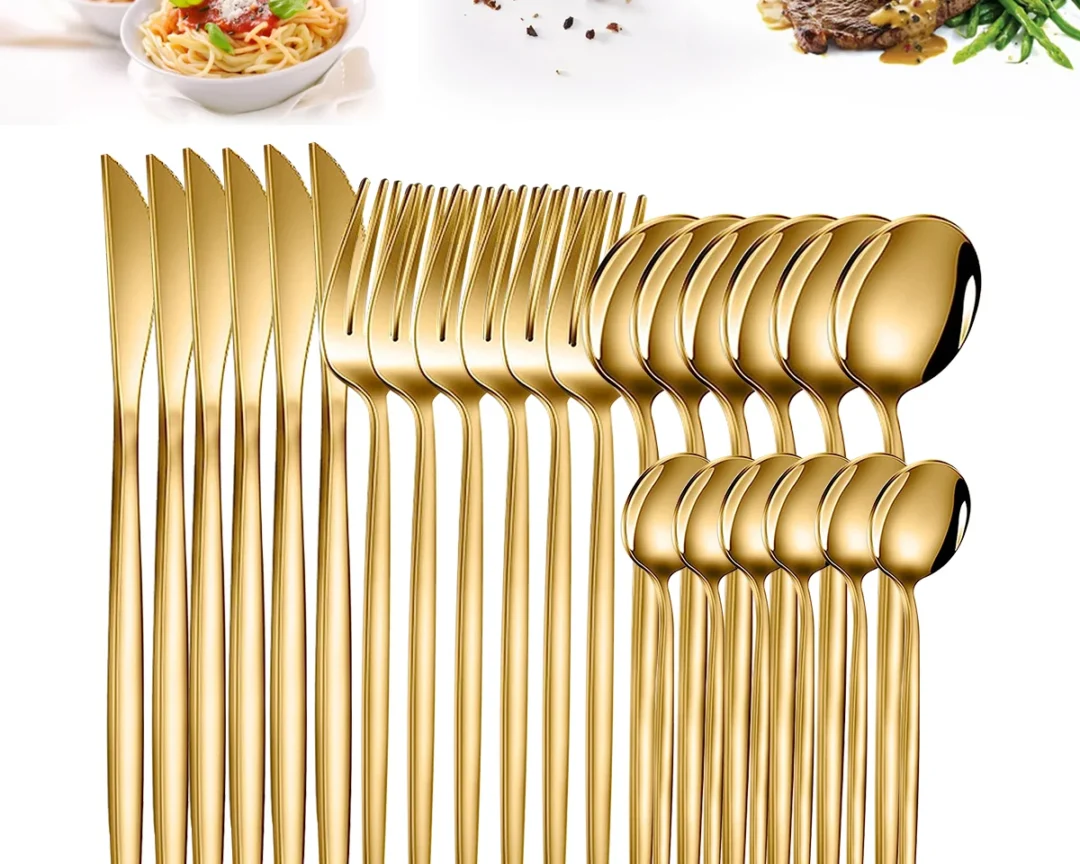 סט כלי אוכל קלאסי, מפלדת אל-חלד ציפוי זהב