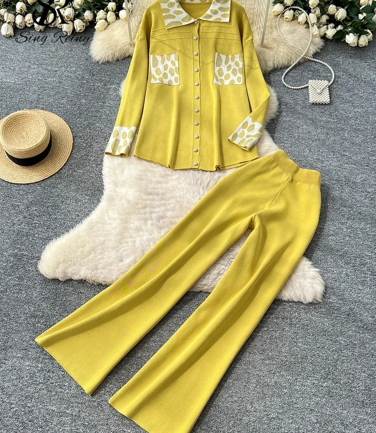 חליפת סריג ויסקוזה, דגם ליאופרד, בסגנון קז'ואל לנשים, חולצה משוחררת + מכנסיים מתרחבים מותן אלסטי גבוה