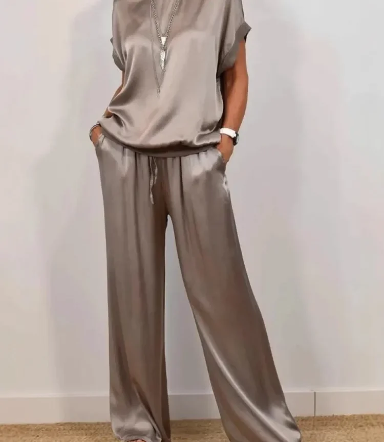 חליפת סאטן אופנתית, חולצה קצרה עם שרוולים רחבים ומכנסיים רחבים אלסטיים במותניים, סט שני חלקים לנשים, לבוש יומיומי