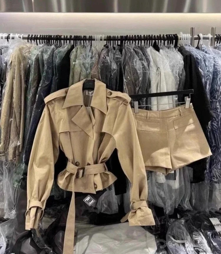 סט ייחודי 2 חלקים, מעיל בטלדרס קצר  + מכנסיים רחבים, מותן גבוה, וינטאג'