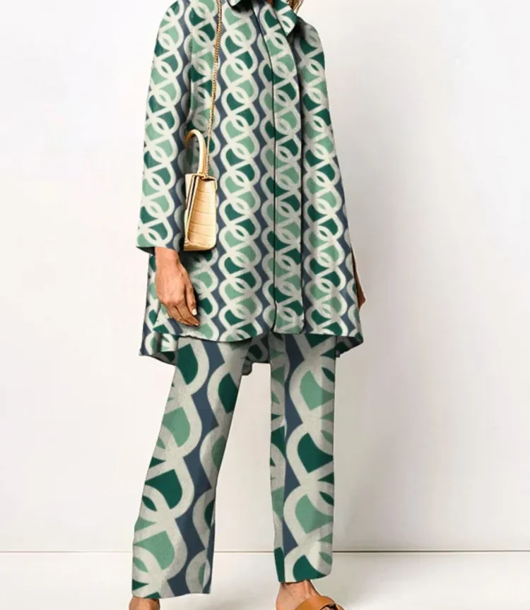 סתיו וינטג' חדש, סט בטקסטורת הדפס, מכנס בגזרה ישרה וטוניקה רחבת שוליים, חליפה קלאסית למגוון שימושים